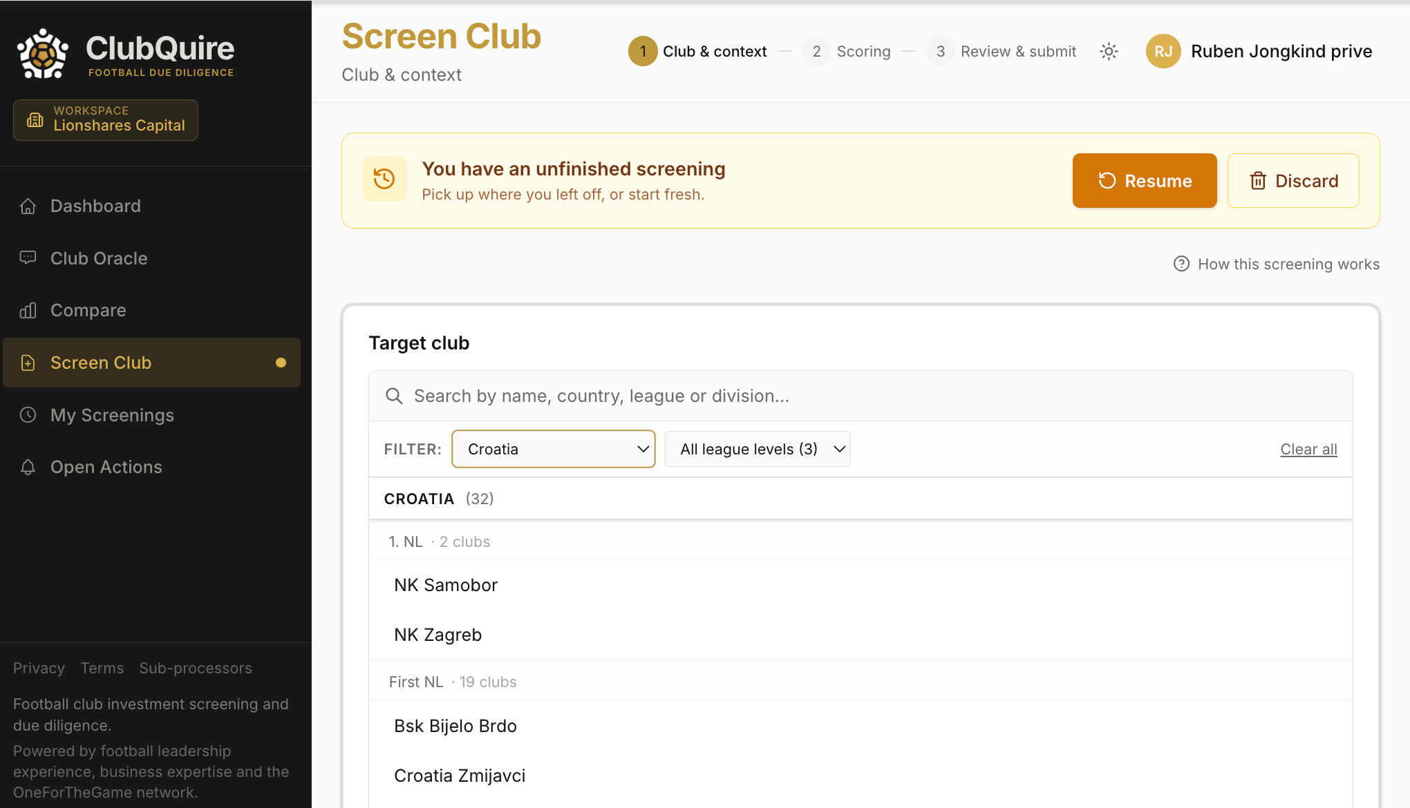 ClubQuire target club selection and screening workflow